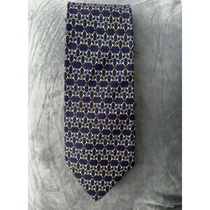 Vintage Fendi Silk Tie‎ 4 Inch Wide Navy Blue Equestrian Chain Print Italy
